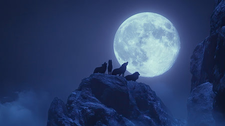 Visualize a family of gray wolves silhouetted against a full moon, celebrating the wildness of the night in a vast, untouched landscape --chaos 30 --ar 16:9 --v 6.1 Job ID: 1da054f4-2a1c-4291-9133-598541e72c64の素材