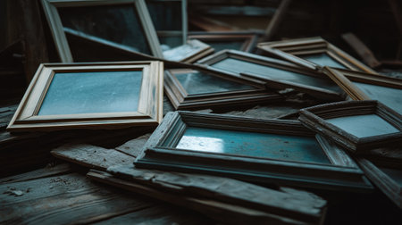 Vintage-style photograph of empty wooden picture frames in various sizes and colors, arranged on an old wooden table. The image showcases the different textures and styles, suitable for design projects. --chaos 30 --ar 16:9 --v 6.1 Job ID: f87afc14-f2c7-4e1f-9914-49f9af5820dbの素材