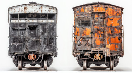 Two side-by-side train cars, a view from the side. The left car is dark grey with white stripes and a roof, while the right car is orange with rusted parts. The background is a white backdrop, and there is no text in the picture. This appears to be an ultra-realistic photography piece. --chaos 30 --ar 16:9 --v 6.1 Job ID: ec38f4d2-3603-4df8-9fe9-857ce2b37a02の素材