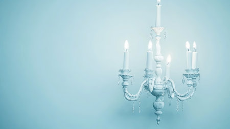 Vintage chandelier with candles on a blue background, with space for text. A variety of candlelight, perfect for home interior design. A perfectly symmetrical photo, centered, with empty space on the left side, in a white color palette. --chaos 30 --ar 16:9 --v 6.1 Job ID: a107bdc6-c57d-44c7-8dd2-5bb2a8681307の素材