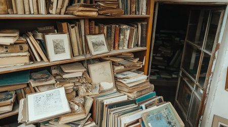 Two bookshelves filled with books, one on the left and another behind it. The top shelf is full of various types of old hardcover books, while the bottom shelves have many different styles of open books, including classic tomes and modern graphic novels. There's an empty space between these two bookcases that could be used for a photo or artwork display. In front of them, there's a glass door leading into darkness, which adds some mystery to the scene. --chaos 30 --ar 16:9 --v 6.1 Job ID: 2fb5412b-8cf4-4e91-9ac6-25f669756c2fの素材