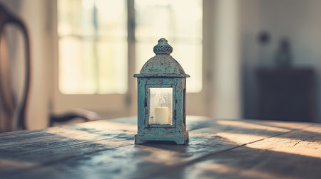 Rustic lantern with a soft glow, on a wooden table, close-up view, blurred background of a rustic room, the focus is the lamp's light and its aged green paint. --chaos 30 --ar 16:9 --v 6.1 Job ID: f7a31697-2c79-4d51-b2f1-0733cb24dd1fの素材