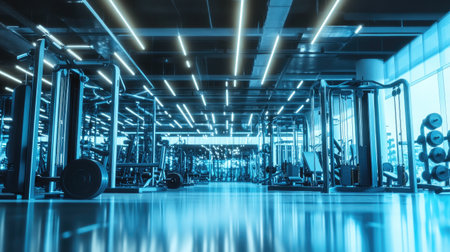 sleek gym interior with weights and exercise equipment, glowing under bright lights, symbolizing fitness goals --chaos 30 --ar 16:9 --v 6.1 Job ID: d7794312-8eac-4d7d-8570-524ffa5ba484の素材