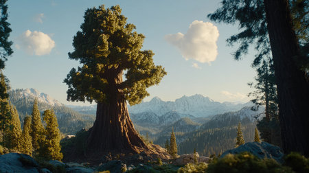 Render a close-up of a healthy, vibrant giant sequoia, illustrating its ancient resilience and the majesty of old-growth forests --chaos 30 --ar 16:9 --v 6.1 Job ID: 1787a4ad-55a9-47ea-90b3-1519f6567e0cの素材