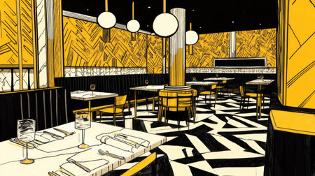 Render a complex line sketch of an art deco dining room, using bold patterns, geometric shapes, dramatic lighting, and luxurious materials such as marble and brass --chaos 30 --ar 16:9 --v 6.1 Job ID: 9025175a-e94e-4ac0-a5f9-9da21ca8f26aの素材