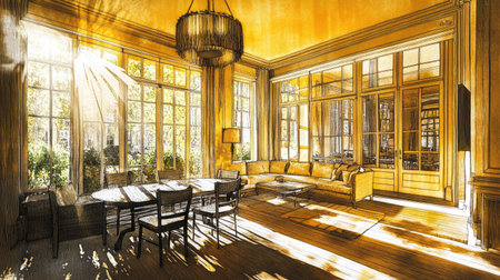 Visualize a cozy, sunlit dining room and living area, rendered as a detailed line drawing, emphasizing the interplay of shadow and light across the furniture and textures --chaos 30 --ar 16:9 --v 6.1 Job ID: 3115e7bb-befe-4c21-b892-17662b77d570の素材