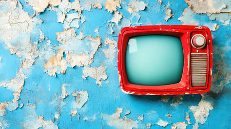 Vintage red television set against an aged blue wall with peeling paint, showcasing the retro aesthetic of old-school home entertainment. --chaos 30 --ar 16:9 --v 6.1 Job ID: ce666f21-d3d1-4999-996f-27c0e56fee89の素材