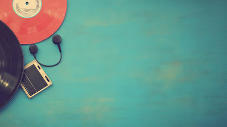 Photo of an old record, cassette tape, and CD on a blue background, with a mobile phone and earphones connected to it. --chaos 30 --ar 16:9 --v 6.1 Job ID: 304f68ad-fb23-4061-862a-7f1c2e8416c5の素材