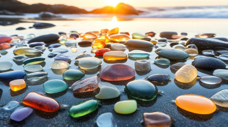 Picture a secluded beach featuring artistically arranged sea glass pieces reflecting the brilliant light from the azure sky --chaos 30 --ar 16:9 --v 6.1 Job ID: fce9a7e2-201b-4b28-aae3-6645e6dca4aeの素材