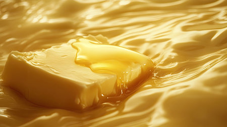 Photo of a yellow liquid oil floating on top of a block of butter, against a yellow background with white ripples around the fat, high resolution, high quality, food photography, studio lighting, product photography, hyper-realistic, detailed, and highly focused. --chaos 30 --ar 16:9 --v 6.1 Job ID: 2c07657b-9d5f-43b6-b6dc-e962e1ce99e5の素材