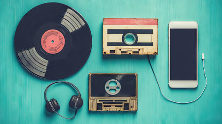 Photo of an old record, cassette tape, and CD on a blue background, with a mobile phone and earphones connected to it. --chaos 30 --ar 16:9 --v 6.1 Job ID: 304f68ad-fb23-4061-862a-7f1c2e8416c5の素材