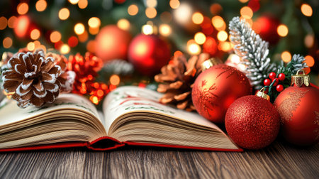 Photo of a Christmas-themed book on an open table, with bokeh lights in the background. Web banner with copy space on the right. --chaos 30 --ar 16:9 --v 6.1 Job ID: d602ccb0-b7ff-4924-9eef-8b0ea27f046fの素材