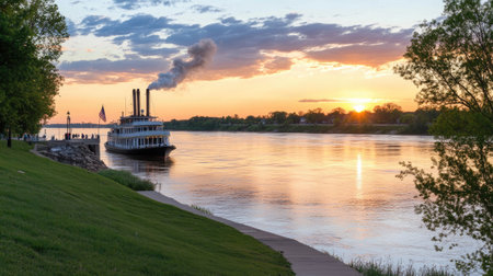 Photo of an old steamboat on the Mississippi River at sunset, elegant and nostalgic atmosphere, reflections in the water, vibrant colors, the steamboat with large windows and a smoking chimney, docked near a pier with people walking around, historical architecture visible along the shoreline, a sunset sky with orange clouds and blue hues, an American flag flying nearby. --chaos 30 --ar 16:9 --v 6.1 Job ID: 2d4fbdbd-c8f4-4d3a-9d3e-68921b40054cの素材