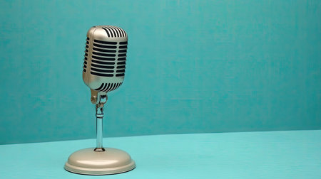 Photo of a vintage microphone on an empty table against a blue background. Web banner with copy space on the right. --chaos 30 --ar 16:9 --v 6.1 Job ID: 646d3f54-0272-43e3-9fd1-eda86f0d5a77の素材