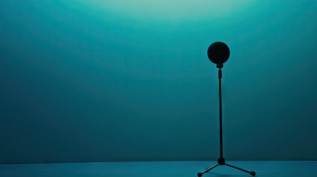 Photo of a vintage microphone on an empty table against a blue background. Web banner with copy space on the right. --chaos 30 --ar 16:9 --v 6.1 Job ID: 646d3f54-0272-43e3-9fd1-eda86f0d5a77の素材