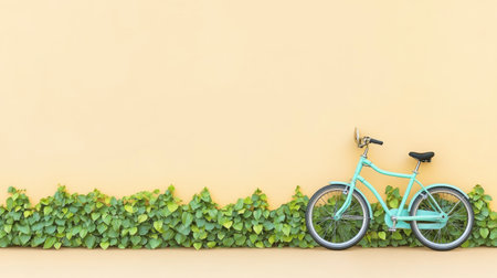 Photo of a pastel green bicycle with an ivy border, leaning against a beige wall. Web banner with copy space on the right. --chaos 30 --ar 16:9 --v 6.1 Job ID: d572ba8b-1cb3-4be1-897d-b0e60d9c15f3の素材