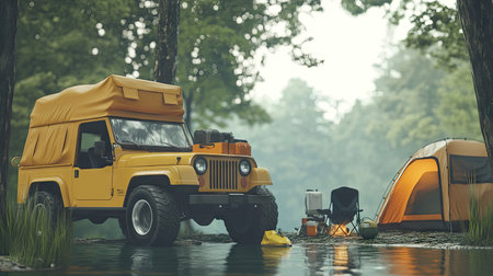 Paint a serene view of a campsite featuring a vintage jeep filled with camping equipment parked near a quiet, tranquil lake at sunrise --chaos 30 --ar 16:9 --v 6.1 Job ID: 49aacf2c-7ecf-46cb-924e-7f401bd97452の素材