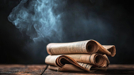 Newspaper on a wooden table against a dark background with copy space, closeup. Vintage-style newspaper texture and a light smoke effect for the text. --chaos 30 --ar 16:9 --v 6.1 Job ID: 233dfbca-935f-479d-b999-d9b7f8449d27の素材