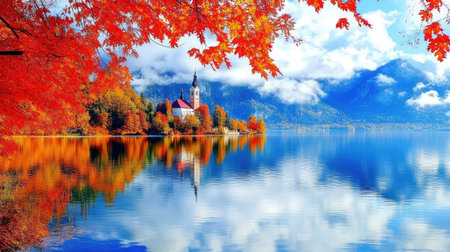 Photo of Lake Bled in Bled, Slovenia, performed in the style of photographer David Merritt. The iconic island with the church and castle can be seen in the background against the backdrop of mountains and clouds reflecting on the lake surface. The scene is captured in autumn colors. --chaos 30 --ar 16:9 --v 6.1 Job ID: 818c1c69-1fcf-4869-8302-5703e6daf61dの素材