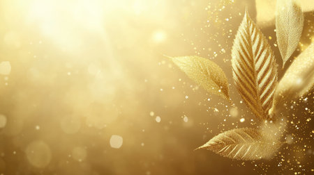 A golden autumn leaf falling through the air, with a blurred background of sunlight and sparkling bokeh lights. --chaos 30 --ar 16:9 --v 6.1 Job ID: 4335f0d0-d085-4cbc-af50-d2836f694bbdの素材