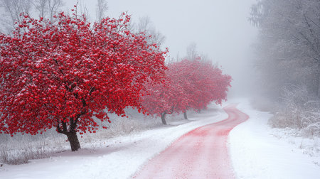In the winter, trees with red berries and pink leaves grow in an orchard on both sides of a snow-covered path leading to the distance. The sky is gray, and it's snowing heavily. It looks like the whole world has been covered in silver. A photo that conveys high-definition details, taken from a near ground-level perspective, with a panoramic view. --chaos 30 --ar 16:9 --stylize 750 --v 6.1 Job ID: a21244ff-42b9-4063-a38a-62d0cc16b553の素材