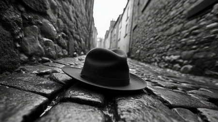A black-and-white photograph of an old, worn hat lying on the cobblestone street in front of ancient stone walls. The photo captures the mystery and depth associated with noir-style detective stories. --chaos 30 --ar 16:9 --stylize 750 --v 6.1 Job ID: 732d416f-dd86-4860-9010-197fa497915fの素材