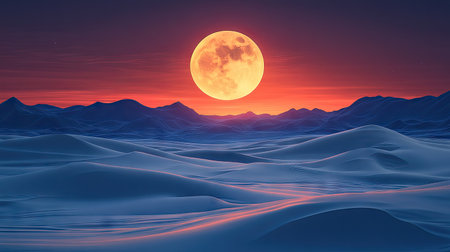 Dramatic, colorful desert landscape at twilight, featuring a large, vibrant orange moon rising or setting over a vast expanse of dunes.  The mountains in the background are silhouetted against the vibrant hues of the sky.の素材