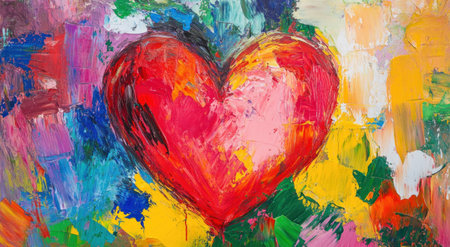 Abstract heart painting in the style of Jim Dine, with a colorful background and a red heart shape in the center of the canvas. The painting features vibrant colors and lively brushstrokes, creating a playful and whimsical style. The image is of high resolution. --ar 95:52 --v 6.1 Job ID: a4311572-dd94-48d7-b7e3-28c3a139a0c5の素材