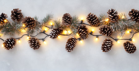 Christmas tree lights and pine cones on a light gray background with copy space, a banner design. Christmas decoration concept. --ar 29:15 --v 6.1 Job ID: fabf0a50-1725-43a6-a39a-3ed48fabf0daの素材