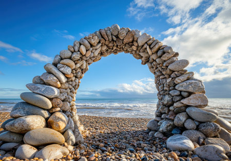 A balanced arch of pebbles on the beach, symbolizing balance and harmony in life, isolated against a blue sky background. --ar 22:15 --v 6.1 Job ID: 7dfd0565-3cbe-4893-9293-2039352d49e9の素材