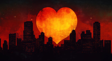 A retro video game-style digital painting of the city skyline at night, with skyscrapers silhouetted against an orange and red sky. In front is a large heart-shaped moon with a dark shadow over it, giving the impression that love has taken its place in this environment. The overall mood should be romantic and nostalgic, reminiscent of classic arcade games from the '80s and '90s. --ar 47:26 --v 6.1 Job ID: 594362cb-632c-434e-9f6c-7f92567946b0の素材