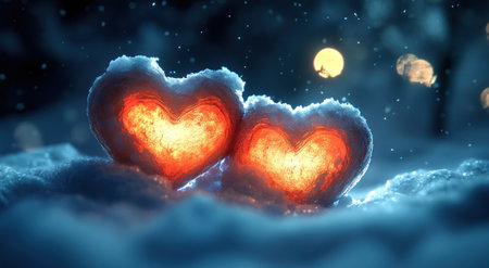 Two glowing hearts in the snow, in the style of a cartoon, 2D game art, love wallpaper, cute and dreamy, high resolution. --ar 95:52 --v 6.1 Job ID: ee6585f2-31a8-4c8e-a3d8-b0cd1c0e62b0の素材