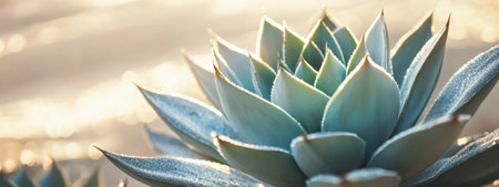 A close-up of an agave plant in the desert, with its leaves glistening under the sunlight and surrounded by sand dunes. The background is blurred to emphasize the focus on the succulent's texture and form. --ar 8:3 --v 6.1 Job ID: cec08ee9-92d7-4fdb-ae33-7ba18aaa4dbbの素材