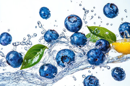 Food photography: a colorful splash of blueberries in an explosion of splashes and leaves, on a white background, with vibrant colors, studio lighting, high-resolution photography, insanely detailed, fine details, an isolated object, hyper-realistic, a professional photograph, in HDR. --ar 3:2 --v 6.1 Job ID: 395c2daa-249e-44d0-8c5d-97cc5b9038deの素材