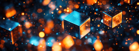 3D rendering of blue and orange glowing metal cubes arranged in an abstract pattern on a dark background with blurred lights and a bokeh effect. Digital technology concept, close-up view. --ar 78:29 --v 6.1 Job ID: 9d651e61-e91c-4781-83b1-ed30f995965aの素材