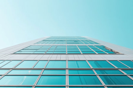 A close-up of the exterior wall panels on an office building, showcasing metal window frames and white porcelain tiles for decoration. The light blue sky in the background adds depth to the scene. --ar 3:2 --v 6.1 Job ID: 5f00fa1c-f7c8-4ae3-8424-543eddb5dff9の素材