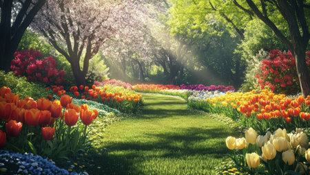 A beautiful garden with colorful tulips, bright green grass, and winding paths leading to the center of an array of blooming trees. The sun shines through lush foliage, creating dappled light on the path and vibrant flowers in full bloom. A digital painting showcasing a picturesque scene of nature's beauty, in the style of a skilled artist. --ar 39:22 --v 6.1 Job ID: 41b63f14-4523-45c1-846a-e515225621a2の素材