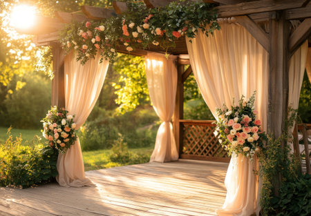 A beautiful wedding ceremony decor in an outdoor gazebo with beige draped curtains, flowers, and greenery. The sun shines through the trees, creating a warm atmosphere. --ar 78:53 --v 6.1 Job ID: 6f1110b3-5778-4b76-a166-bb2edd8fe938の素材