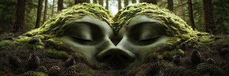 Beautiful moss-covered background with a forest and pine cones, a symmetrical composition, depth of field effect, green tones, a natural environment, a wide-angle lens, soft light, a static scene, harmonious colors, and a sense of calmness. In the style of photorealistic portraits, the image depicts serene faces on a panoramic scale. --ar 3:1 --v 6.1 Job ID: ded220dd-735e-41ea-a805-a53d694d8a62の素材