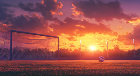 Soccer goal with a ball on the field of a stadium at sunset, detailed illustration, high-resolution photography, stock photo. --ar 78:43 --v 6.1 Job ID: 8003f8a0-5efe-4fb1-82e9-1d6f1800abe6の素材