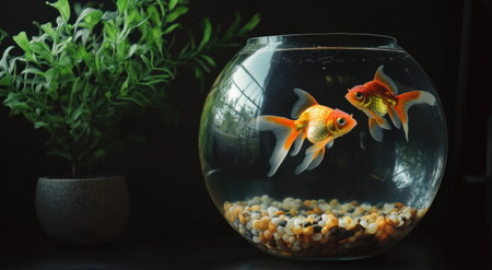 A clear glass fish bowl with two goldfish swimming inside, against a black background. The tank is filled with water and pebbles at the bottom for decoration. There's an indoor plant in front of it on one side, adding to its overall aesthetic appeal. --ar 78:43 --v 6.1 Job ID: 493f2c88-6144-47db-9001-1e21d513613dの素材