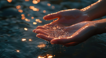 Close-up of hands cupping water, with the background blurred and bathed in warm sunlight. The focus is on their delicate details as they catch raindrops or sparkling river droplets. This composition creates an atmosphere of serenity and connection to nature through wet skin. Captured with a Nikon D850 DSLR camera and a high-resolution 24mm f/3.6 lens. --ar 78:43 --v 6.1 Job ID: c2aba7d2-11be-49eb-8736-f06f2feb9367の素材
