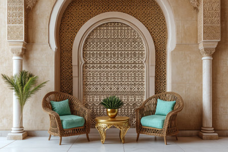 A room with white tiles, two chairs in rattan and turquoise fabric, a gold coffee table, wall panels made of carved wood in the middle of an arch, beige walls decorated with arabesque patterns, in the style of Arabic interior design style, front view, high resolution, high quality, high detail, photography, hyper realistic. --ar 3:2 --v 6.1 Job ID: df83e998-dd79-4901-b33d-7e22f1745b1eの素材