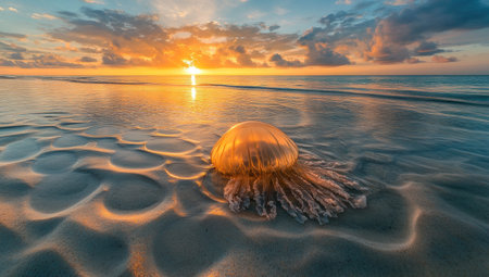 A beautiful beach with the sun setting in the background, creating an orange and blue sky. In front of it is water that has been left to dry on one side by wind, forming circle-shaped ripples in its sand., The center part features a large jellyfish floating on top of crystal clear waters, adding an element of mystery. This scene captures the serene beauty of nature's tranquility, making for a visually stunning photograph. --ar 53:30 --v 6.1 Job ID: d6eea021-a09b-41b0-b3ca-146f1a3ba309の素材