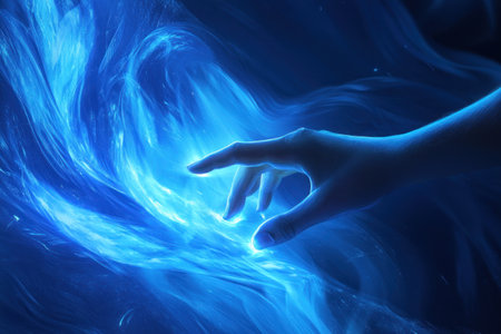 Creation of abstract graphic design with finger touch on a futuristic technology background, in a blue color, in a vector illustration style, with high-resolution photography, high-quality details, professional studio lighting, professional color grading, high-key lighting, high sharpness, and a hyper-realistic appearance. --ar 3:2 --v 6.1 Job ID: f64ee3c7-437d-4f61-a16f-ad6063e1fbffの素材