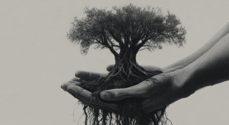 A pair of hands holding an old tree with its roots and soil, symbolizing the beauty that comes from environmental protection. The background is gray to emphasize the focus on human-landscape interaction. This visual representation highlights sustainable practices for building a greener future, emphasizing the harmony between humans and nature, in the style of Jean BÃ©raud. --ar 78:43 --v 6.1 Job ID: 3e0bb093-5a69-4a65-a9e8-c5d4170b9f40の素材