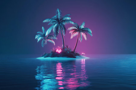 3D render of a small tropical island with neon lights and palm trees on the water surface, minimalistic design, simple shapes, colorful. --ar 3:2 --v 6.1 Job ID: e2140cfe-3633-4139-ae69-7e1a825a91e3の素材