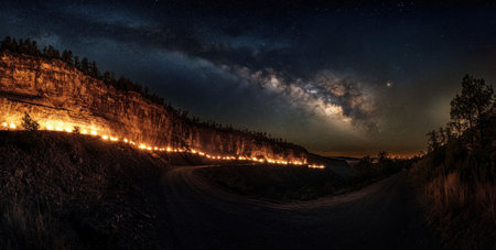 Panoramic photograph of the Grand Canyon at night, with a starry sky and the Milky Way visible, lit by campfires along the road on one side of the canyon wall. --ar 59:30 --v 6.1 Job ID: d74c6076-fa62-4359-acbf-6f12a54f9d81の素材