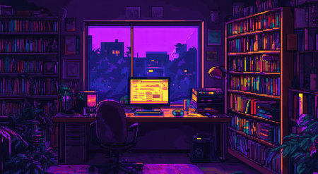 Pixel art, pixel art. A room with bookshelves and a computer on the table, with a purple light from the window in the background. The style is cute and kawaii, with vibrant colors and low details, set in a dark, night-time scene. --ar 95:52 --v 6.1 Job ID: 7ef6044d-eb57-498e-a4cf-76f1453ae7acの素材