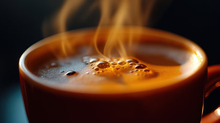 A close-up of steaming coffee in an espresso cup, highlighting the rich color and steam rising from it on a dark background. --ar 16:9 --v 6.1 Job ID: 1559f3cb-d92b-4cc7-9d3f-81a825ea2538の素材